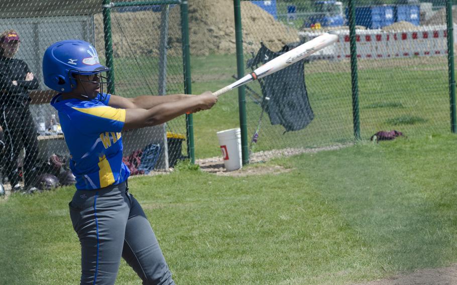 TiYonna Dillard of Wiesbaden takes a swing during the second leg of a doubleheader against Vilseck, Saturday, May 6, 2017 in Wiesbaden. Vilseck took both games to improve to 9-1 on the season.