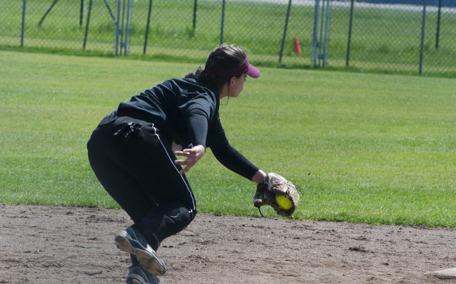 Vilseck shortstop Isabella Brasi races to second base for a force out in the second leg of a doubleheader against Wiesbaden, Saturday, May 6, 2017 in Wiesbaden, Germany. Brasi went 4-for-6 over the two games, scoring six runs.