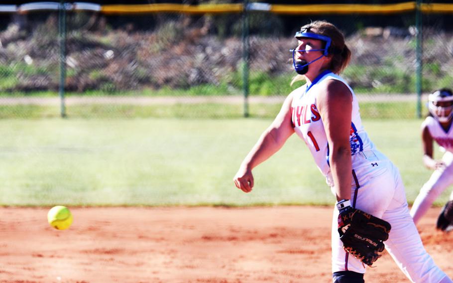 Ramstein's Abby Walker pitches the ball during the championship game against Stuttgart, in Ramstein, Germany, Saturday, May 27.