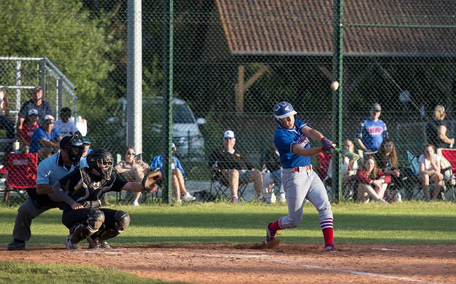 Ramstein's Kyle Glenn hits the ball during the DODEA-Europe baseball tournament in Kaiserslautern, Germany, on Thursday, May 25, 2017. Ramstein won the Division I game against Vicenza 9-2.