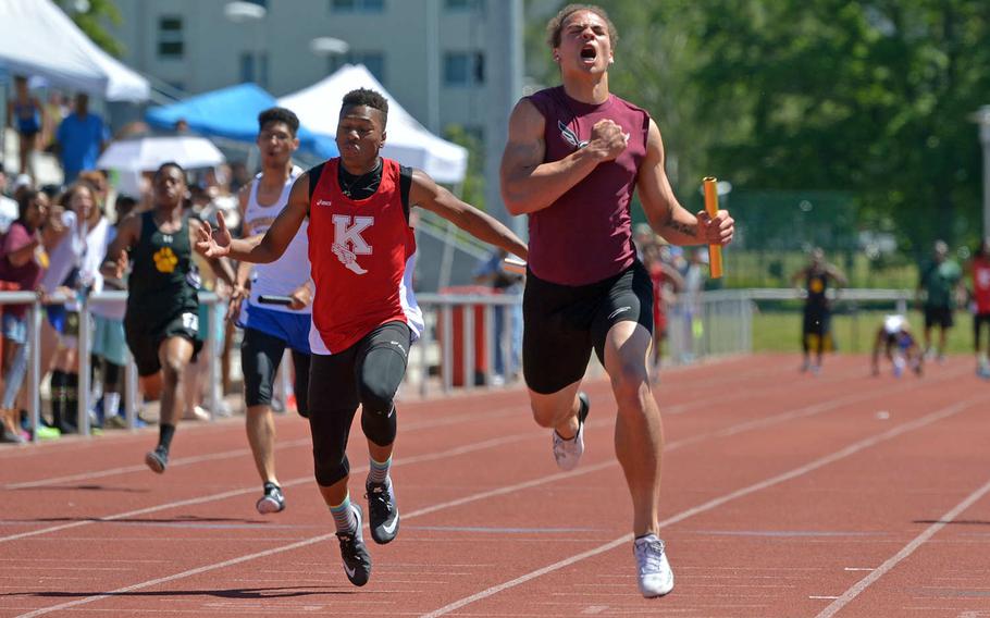 Vilseck's Zavier Scott celebrates after anchoring the 4x100-meter relay team at the DODEA-Europe track and field finals in Kaiserslautern, Germany, Saturday, May 27, 2017. Scott and teammates Corey Coombs, Hayden Swan and Devin Gamble won the race in 43.95 seconds.
