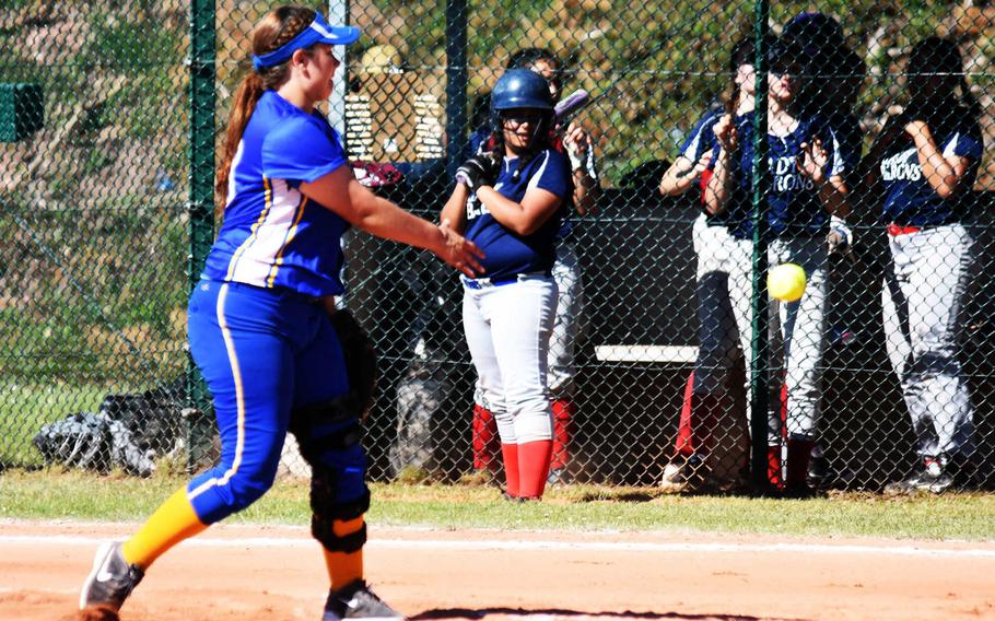 Sigonella's Hanna Barnes pitches during the championship game against Bitburg, in Ramstein, Germany, Saturday, May 27.
