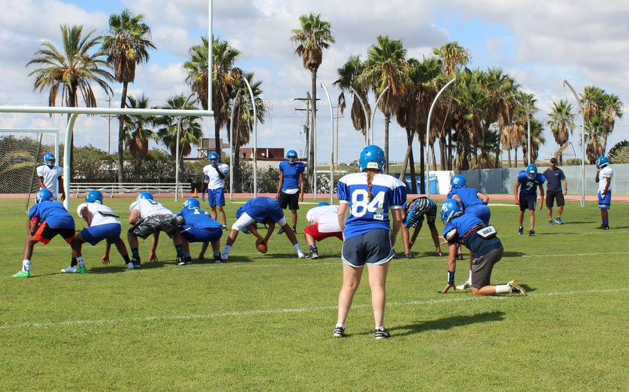 Placekicker Emma Hook lines up an attempt at the Rota Admirals' preseason football camp in August. 