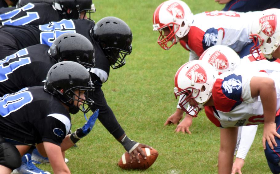 The Hohenfels Tigers face off against the Brussels Raiders during a game at Hohenfels, Germany, Saturday, Sept. 16, 2017.