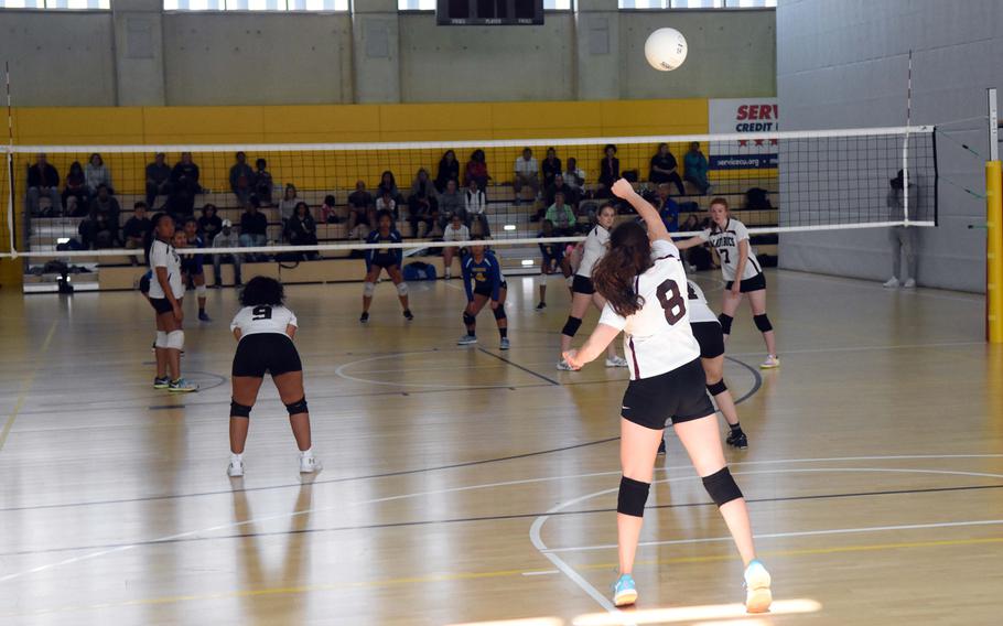 Baumholder's Taylor Lynch serves during a game against Ansbach, on Saturday, Sept. 23, 2017, at Ansbach, Germany. 