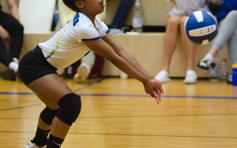 Wiesbaden's Nickeya Marshall digs out the ball during a match against Stuttgart in Wiesbaden, Germany, Saturday, Oct. 14, 2017. Marshall and fellow senior Mallory Johnson were honored before the game for the school's Senior Day, and helped lead the Warriors to a win over Lakenheath earlier.