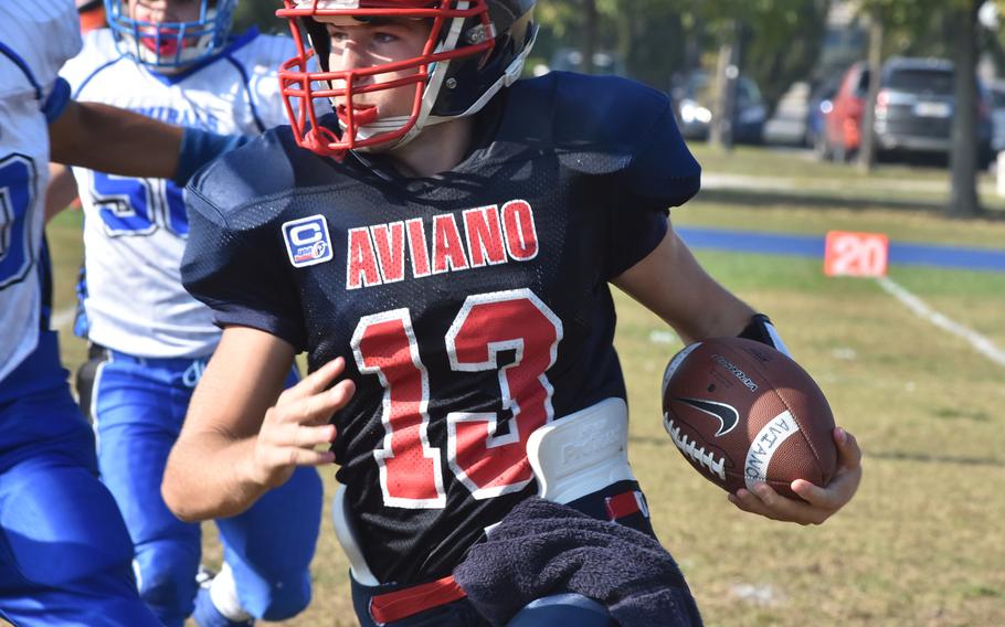 Aviano quarterback Mason Shine gained only 3 net yards on the ground Saturday, but threw for more than 160 yards in the Saints' 33-30 victory over Rota.