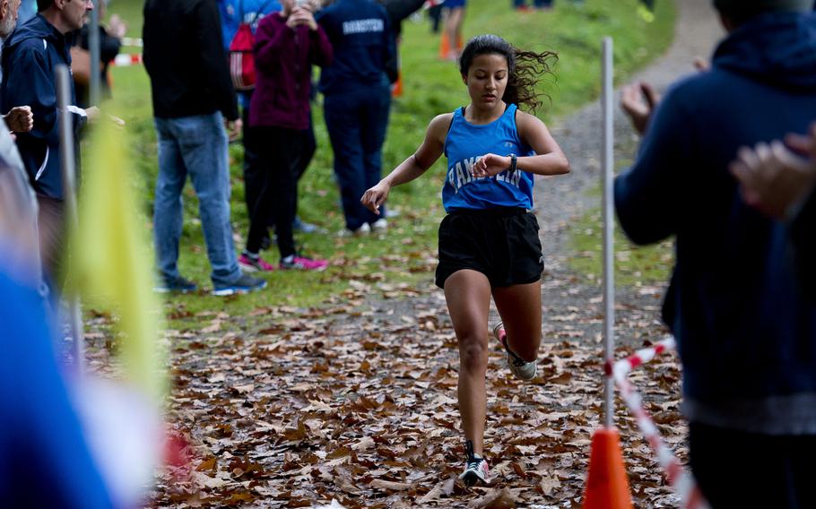 Ramstein's McKenzie Perkes takes second place with a 21:01 finish during a cross country meet in Ramstein-Miesenbach, Germany, on Saturday, Oct. 21, 2017. 
