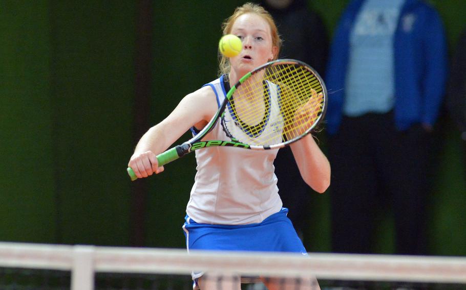 Ramstein's Megan Stretch makes a return at the net as she and partner Amanda Daly defeated Naples' Amy Stutzman and April Sullivan 6-1, 6-2 at the DODEA-Europe tennis championships in Wiesbaden, Germany, Thursday, Oct. 26, 2017. 
