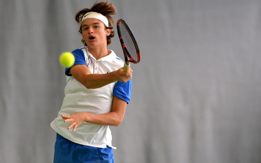 Defending boys champ, Mathias Mingazzini returns a shot from Brussels' Aljaz Urbanc at the DODEA-Europe tennis championships in Wiesbaden, Germany, Thursday, Oct. 26, 2017. He won the match 6-0, 6-0.

