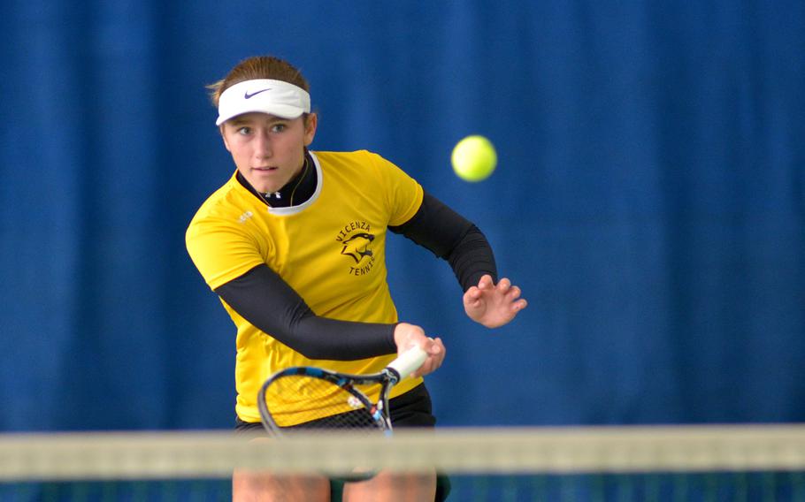 Vicenza's Catherine Gulihur keeps here eyes on her return in her match against Genesis Torrent at the DODEA-Europe tennis championships in Wiesbaden, Germany, Thursday, Oct. 26, 2017. Gulihur won 6-0, 6-0.

