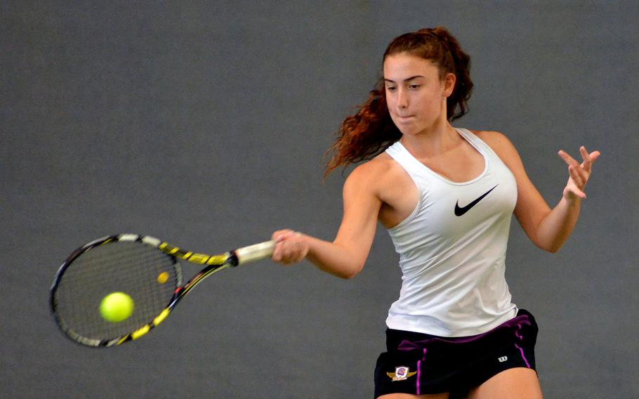 Bahrain's Chloe McHenry returns a shot from Stuttgart's Kendall Smith in their match at the DODEA-Europe tennis championships in Wiesbaden, Germany, Thursday, Oct. 26, 2017. McHenry lost 6-4, 3-6, 13-11.

