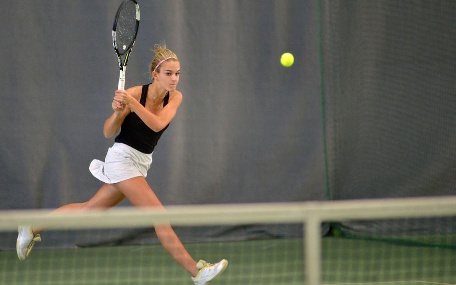 Stuttgart's Kendall Smith sends the ball over the net in her 6-4, 3-6, 13-11 victory over Bahrain's Chloe McHenry at the DODEA-Europe tennis championships in Wiesbaden, Germany, Thursday, Oct. 26, 2017.

