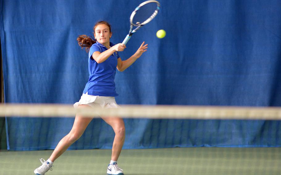 Wiesbaden's Charlotte Kordonowy returns a shot in her 6-0, 6-0 win over SHAPE's Synnoeve Lillefosse at the DODEA-Europe tennis championships in Wiesbaden, Germany, Thursday, Oct. 26, 2017.





