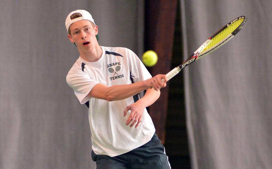 SHAPE's Noah Banken follows his shot against Alconbury's Phillip Lyons at the DODEA-Europe tennis championships in Wiesbaden, Germany, Thursday, Oct. 26, 2017. Banken won 6-0, 6-0.

