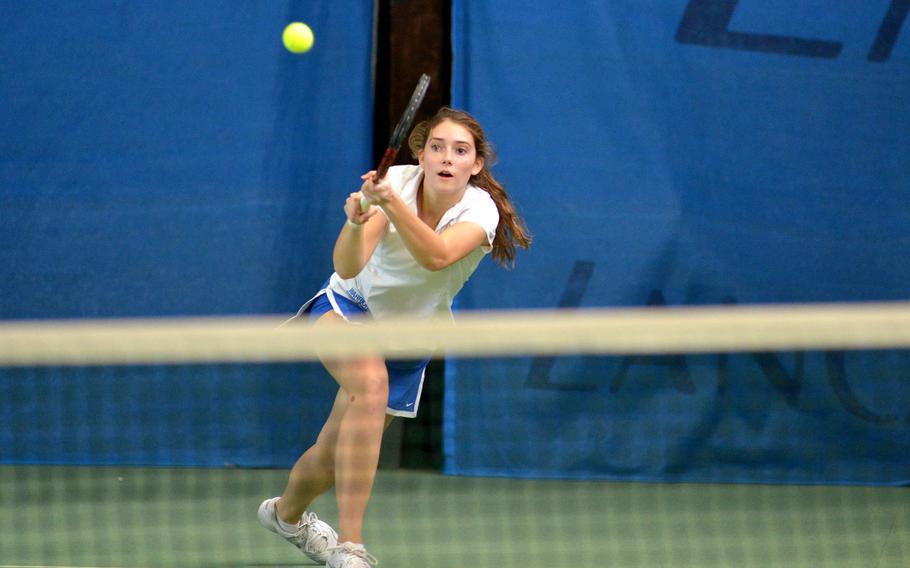 Wiesbaden's Shelby Albers returns a serve against Naples in a doubles semifinal at the DODEA-Europe tennis finals in Wiesbaden, Germany, Friday, Oct. 27, 2017. Albers and Melissa Pritchett advanced to Saturday's final after beating Amy Stutzman and April Sullivan 6-2, 6-3.


