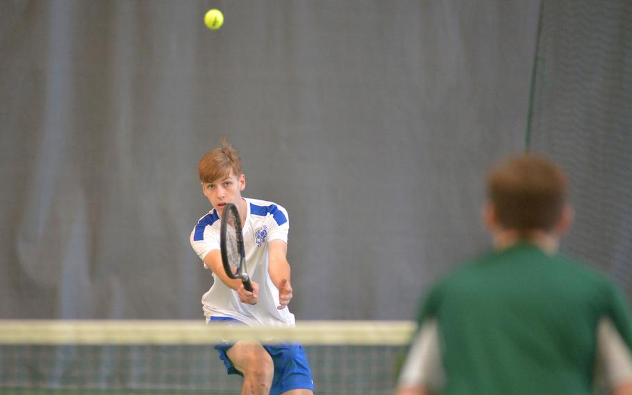 Ramstein's Jordan Liebig returns a shot against SHAPE's Gregor Vargyas in a doubles semifinal at the DODEA-Europe tennis finals in Wiesbaden, Germany, Friday, Oct. 27, 2017. Liebig and teammate Grady Gallagher lost to Vargyas and Seth Banken 4-6, 7-5, 6-2.
