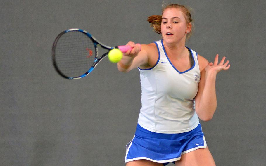 Ramstein's Cami Carswell returns a shot in her 6-2, 6-0 semifinal loss to Wiesbaden's Charlotte Kordonowy at the DODEA-Europe tennis finals in Wiesbaden, Germany, Friday, Oct. 27, 2017. 
