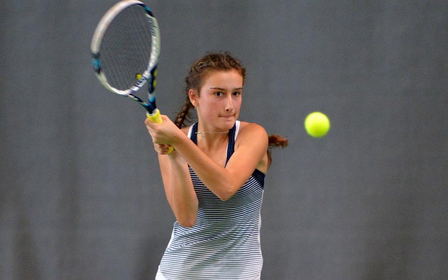 Wiesbaden's Charlotte Kordonowy returns a shot in her 6-2, 6-0 semifinal victory over Ramstein's Cami Carswell at the DODEA-Europe tennis finals in Wiesbaden, Germany, Friday, Oct. 27, 2017. She will face Vicenza's Catherine Gulihur in the final.

