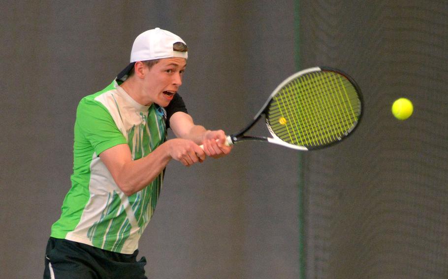 SHAPE's Noah Banken slams a forehand across the net in his 6-0, 6-3 semifinal win over Stuttgart's Zach Snow at the DODEA-Europe tennis finals in Wiesbaden, Germany, Friday, Oct. 27, 2017. Banken will face defending champion Mathias Mingazzini in Saturday's final.

