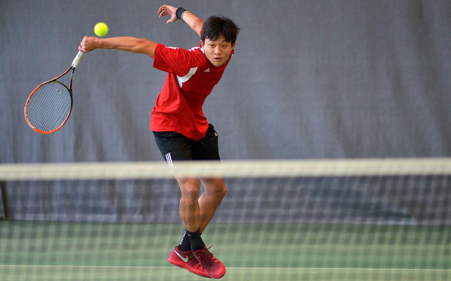 Kaiserslautern's Mark Butler returns a shot in his 6-1, -60 semifinal loss to Marymount's Mathias Mingazzini at the DODEA-Europe tennis finals in Wiesbaden, Germany, Friday, Oct. 27, 2017. 

