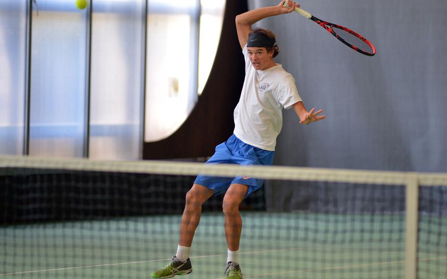 Marymount's Mathias Mingazzini returns a shot from Kaiserslautern's Kevin Butler in his 6-1, 6-0 semifinal win at the DODEA-Europe tennis finals in Wiesbaden, Germany, Friday, Oct. 27, 2017. Mingazzini will try to defend his title against SHAPE's Noah Banken, Saturday.


