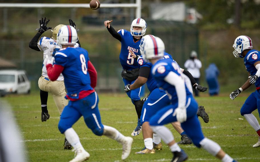 Ramstein's Trevor Miller throws a pass during the DODEA-Europe Division I semifinals at Ramstein Air Base, Germany, on Saturday, Oct. 28, 2017. Ramstein defeated Wiesbaden 13-6.