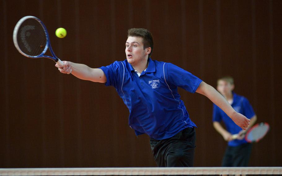 Callum Proulx of Brussels at the DODEA-Europe tennis championships, Thursday Oct. 26, 2017.







