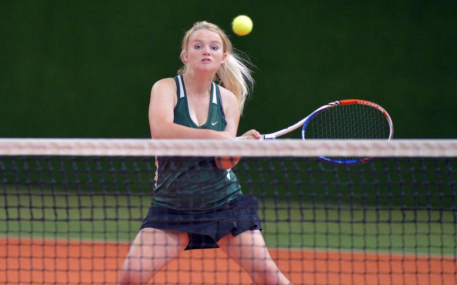 April Sullivan of Naples at the DODEA-Europe tennis championships, Thursday Oct. 26, 2017.







