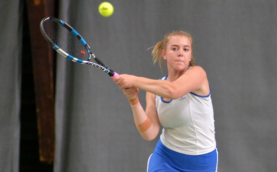 Cami Carswell of Ramstein at the DODEA-Europe tennis championships, Thursday Oct. 26, 2017.







