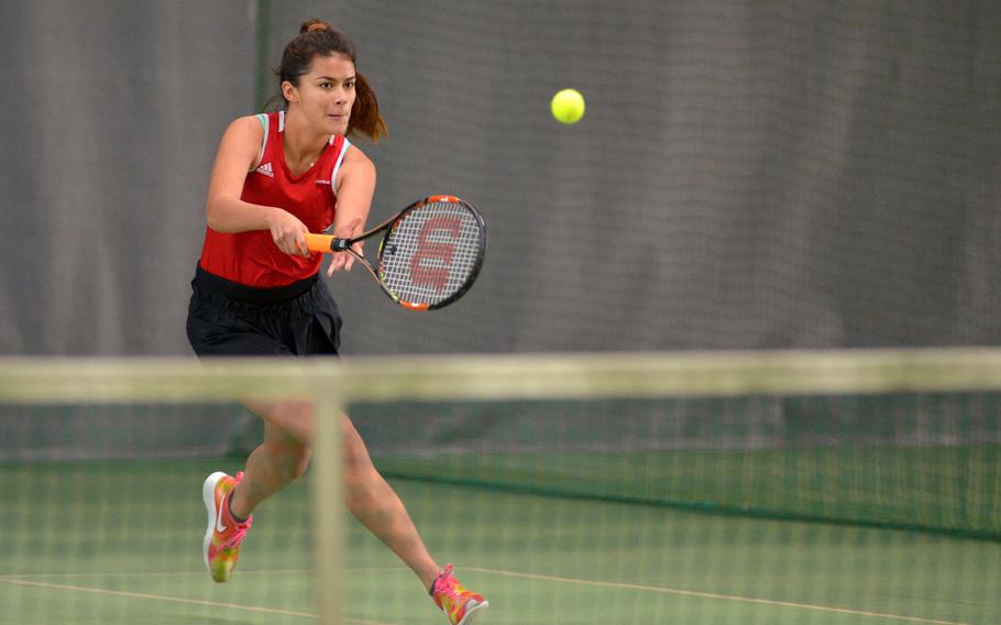 Kalin Olsen of Kaiserslautern at the DODEA-Europe tennis championships, Thursday Oct. 26, 2017.






