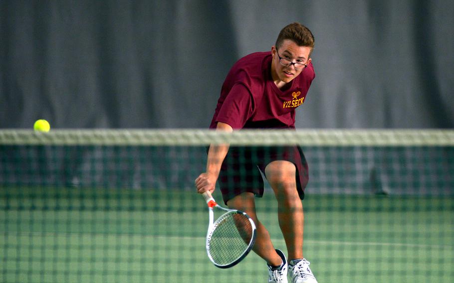 Ben Keeler of Vilseck at the DODEA-Europe tennis championships, Thursday Oct. 26, 2017.







