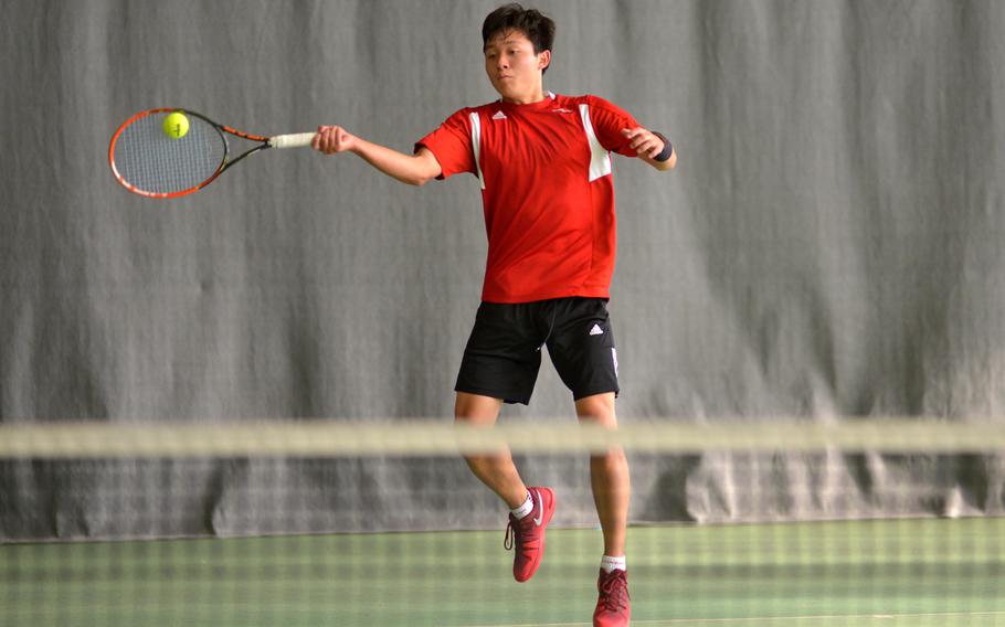 Mark Butler of Kaiserslautern at the DODEA-Europe tennis championships, Thursday Oct. 26, 2017.







