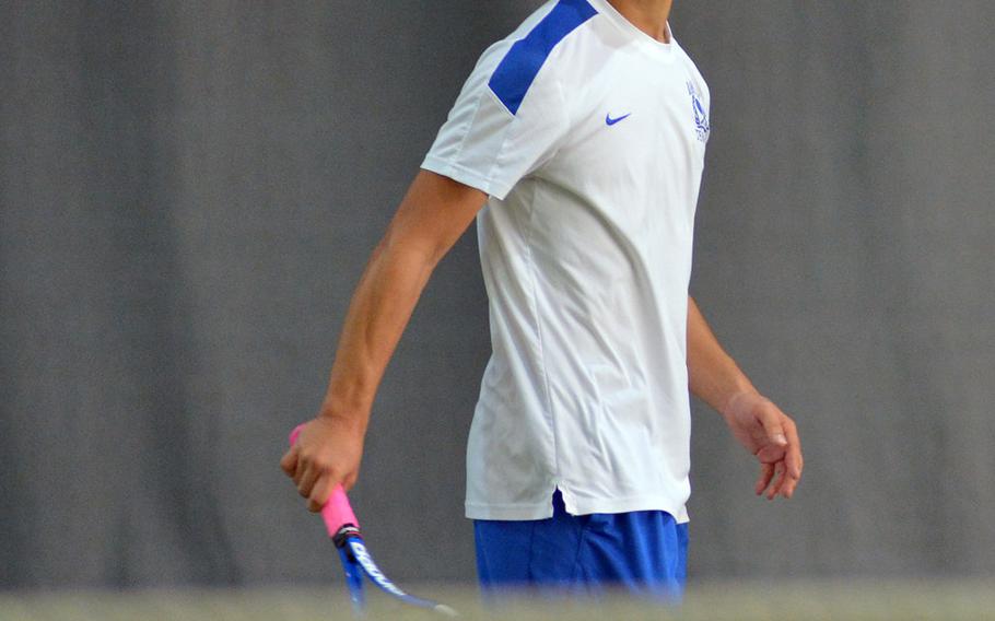 Ramstein's Daniel Shin at the DODEA-Europe tennis championships, Thursday Oct. 26, 2017.







