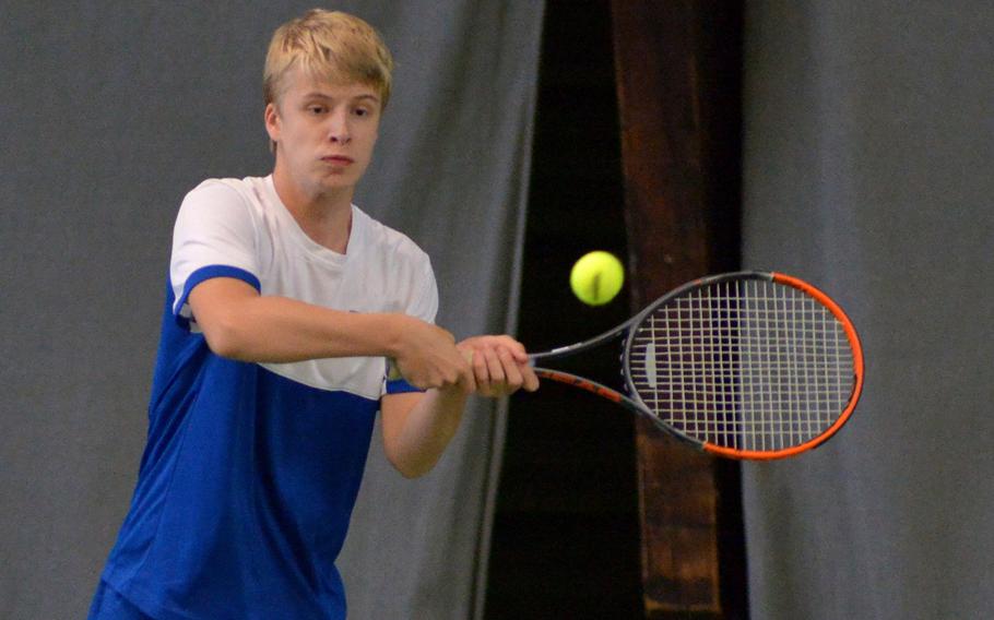 Benjamin Petrik of Wiesbaden at the DODEA-Europe tennis championships, Thursday Oct. 26, 2017.








