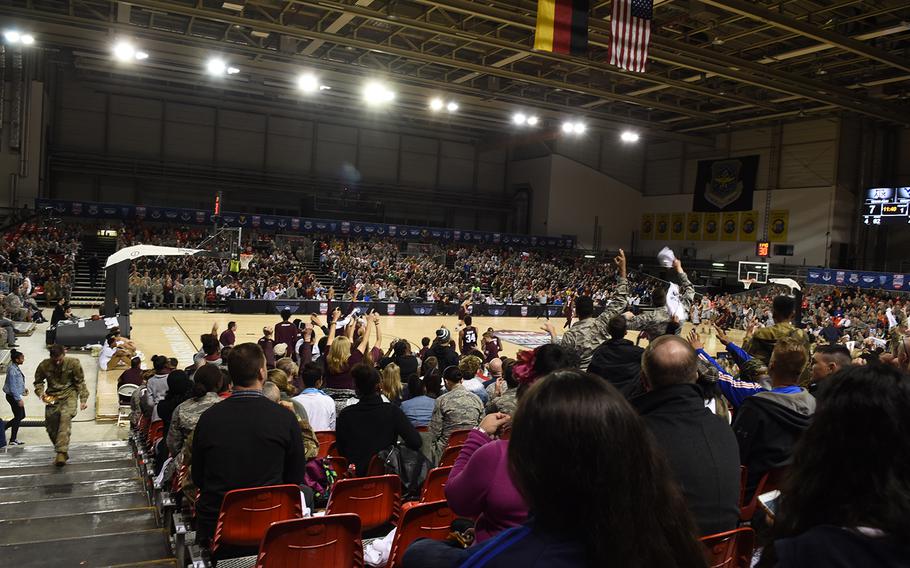 More than 3,000 people filled the seats inside an aircraft hangar at Ramstein Air Base, Germany, on Friday, Nov. 10, 2017, for the Armed Forces Classic featuring Texas A&M and West Virginia.


