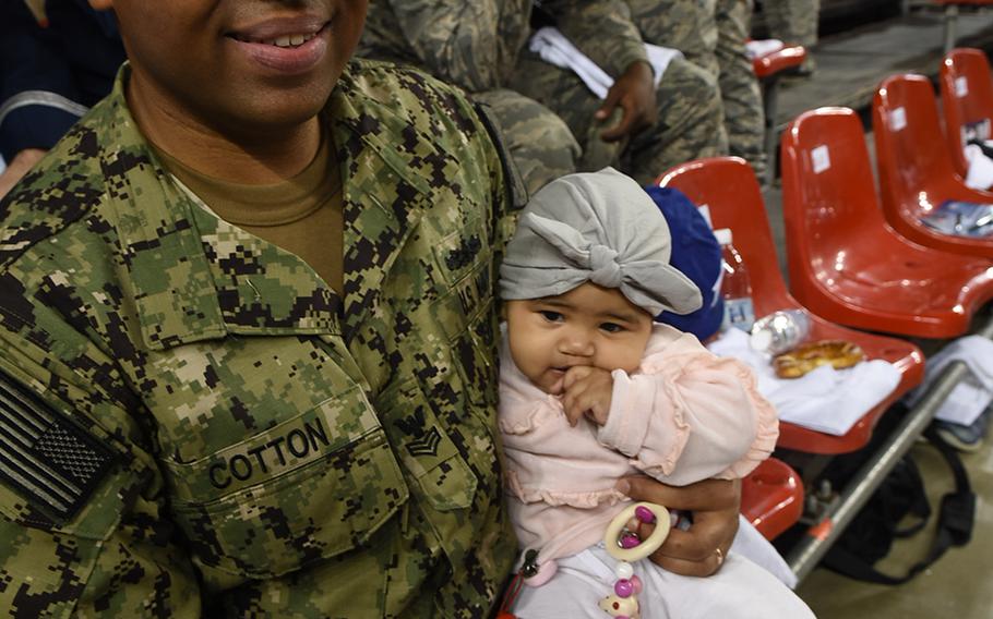 Olivia Cotton, 5 months old, was one of the youngest people to attend the Armed Forces Classic between West Virginia and Texas A&M on Friday, Nov. 10, 2017, at Ramstein Air Base, Germany. Olivia sat with her dad, Petty Officer 1st Class Brian Cotton. The family came all the way from Air Station Naples, Italy, to see the game.


