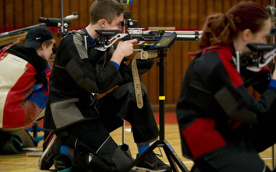 Wiesbaden's James Wagenblast fires from the kneeling position during the DODEA-Europe Marksmanship championship at Vogelweh, Germany, on Saturday, Feb. 3, 2018.