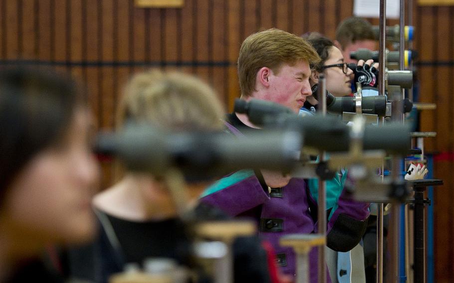 Kaiserslautern's Nolan Sherman checks his shot placement during the DODEA-Europe Marksmanship championship at Vogelweh, Germany, on Saturday, Feb. 3, 2018.