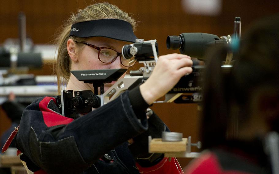 Ansbach's Gabrielle Peach loads her rifle during the DODEA-Europe Marksmanship championship at Vogelweh, Germany, on Saturday, Feb. 3, 2018.