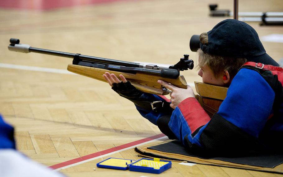 Alconbury's Caroline Goldsby takes aim during the DODEA-Europe Marksmanship championship at Vogelweh, Germany, on Saturday, Feb. 3, 2018.