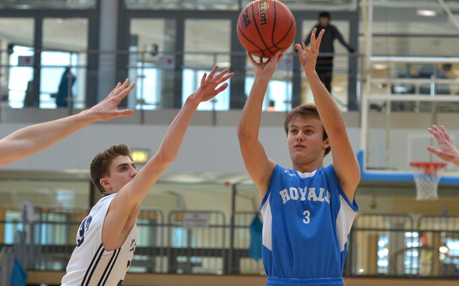 Marymount's Mario Freilino takes a shot in a Division II semifinal against Black Forest Academy at the DODEA-Europe basketball finals in Wiesbaden, Germany, Friday, Feb. 23, 2018. BFA won 69-38 to advance to Saturday's final against Rota.
