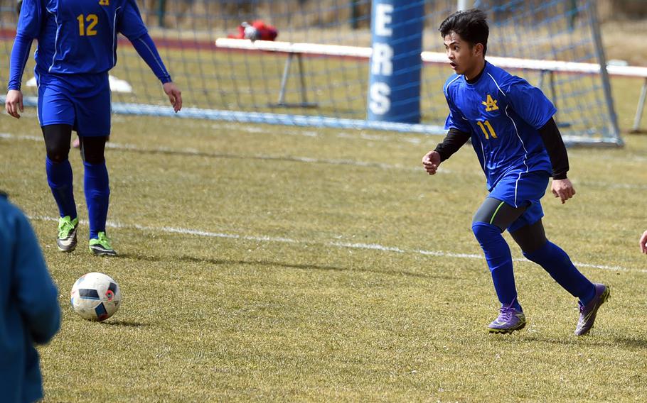 Ansbach's Rovic Denuna prepares to kick the ball at a game at Hohenfels, Germany, Saturday, March 24, 2018.