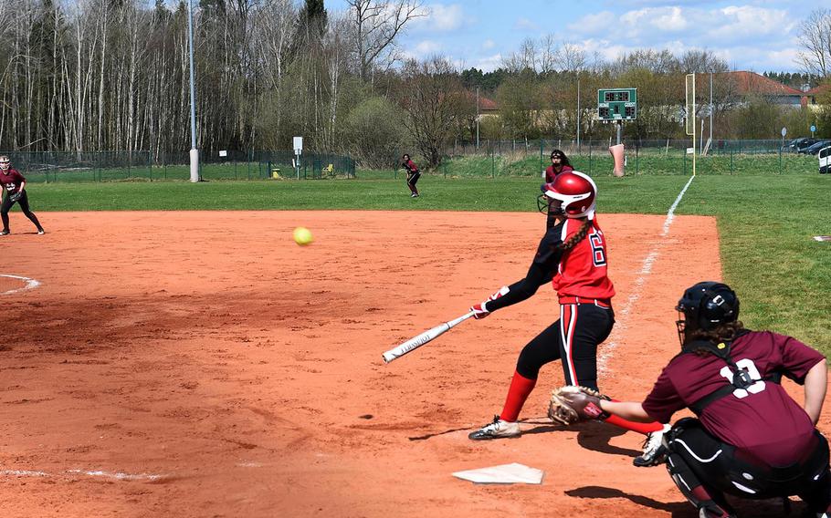 Kaiserslautern's Abby Young hits a ball during a game at Vilseck, Germany, Saturday, April 14, 2018. 
