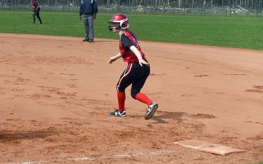 Kaiserslautern's Chloe Whisennend steels a base during a game at Vilseck, Germany, Saturday, April 14, 2018. 
