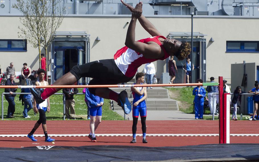Kaiserslautern's Tre Dotson clears the bar in high jump during a 10-team meet in Wiesbaden, Germany, Saturday, April 14, 2018. Dotson tied with Wiesbaden's Markez Middlebrooks for first place in the event.
