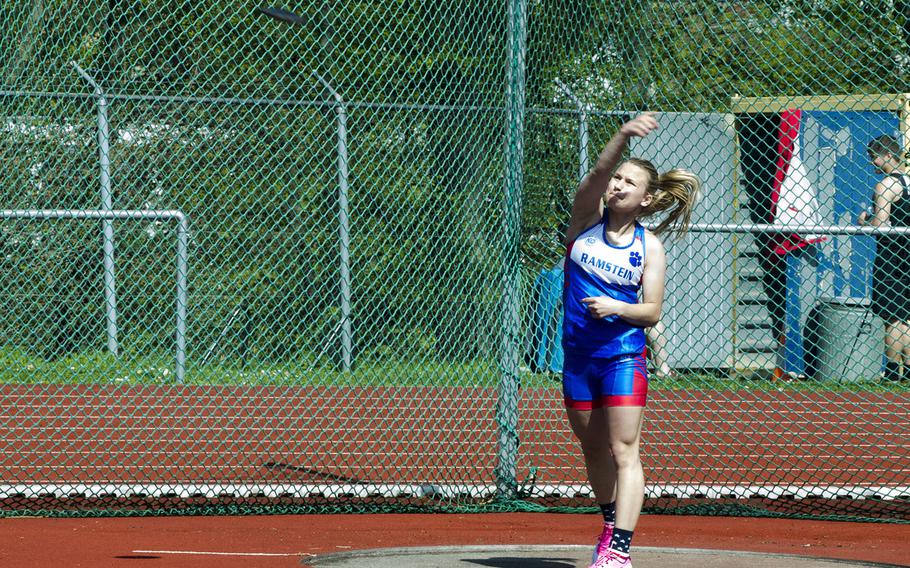 Ramstein's Mel Masur throws a discus during a 10-team meet in Wiesbaden, Germany, Saturday, April 14, 2018. Masur threw more than 64 feet, good for sixth in the event.
