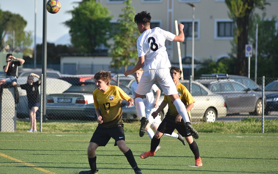 Naples' Chase Traylor goes high to head the ball away from the Naples goal on Friday, April 20, 2018, in Vicenza, Italy.