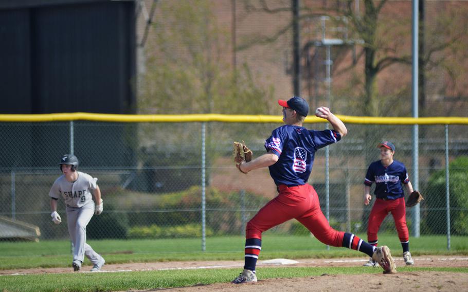 Lakenheath's Jaxon Tomchesson pitches against SHAPE during the first game of a doubleheader at RAF Feltwell, England, Saturday, April 21, 2018. 