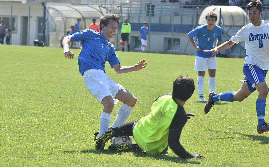 Rota goalkeeper Youseff Chavez stops an attack from Marymount's Julian Van Hensbergen on Saturday, April 21, 2018.